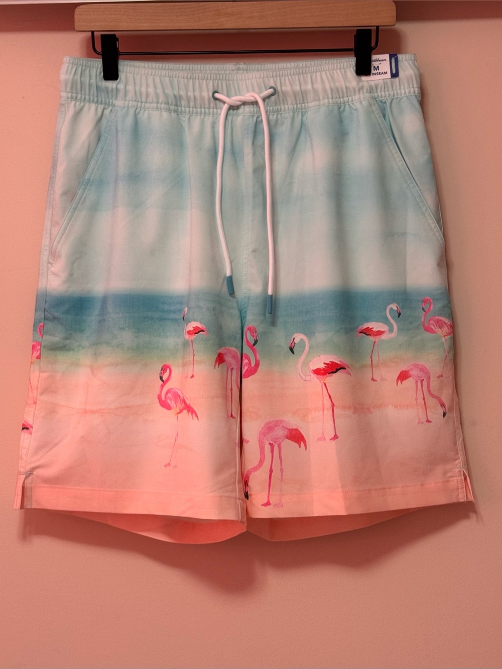 Caribbean Men's Flamingo Swim Shorts M Blue/ Pink 8" Inseam Drawstring Pockets